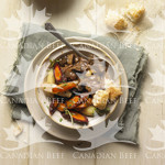 Beef and Mushroom Stew with Glazed Carrots and Puffed Pastry Crouton