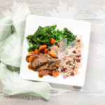 Slow Cooker Jerk Beef Pot Roast with Braised Carrots, Rice & Peas and Wilted Greens